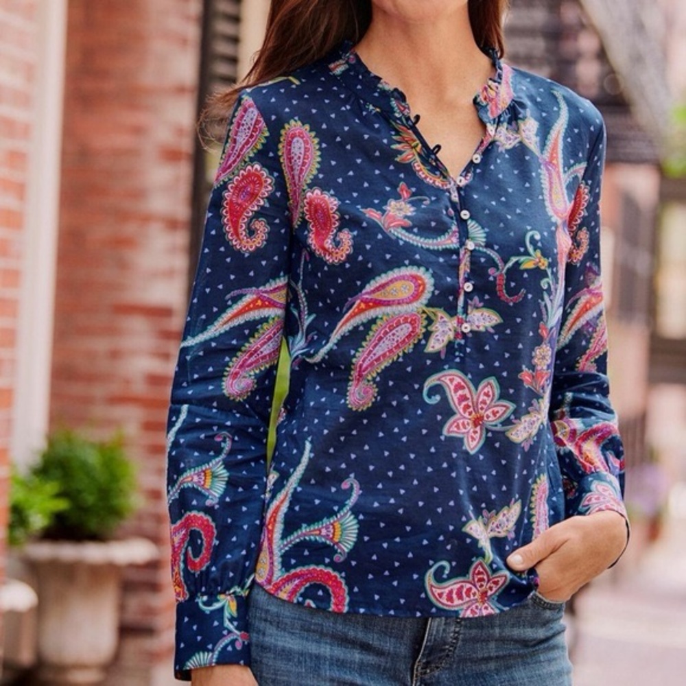 Talbots Twinkle Paisley India Ink Long Sleeve Blouse w buttons & hearts. Sz M